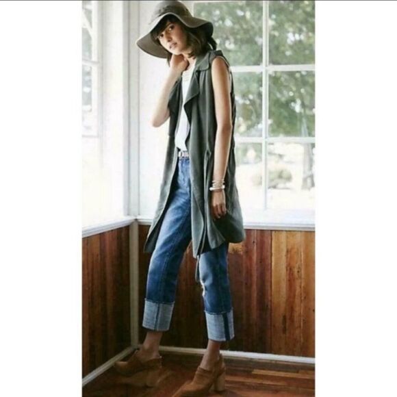 ELEVENSES Anthropologie Mini Drape Wrap Trench Vest Olive Sage Green Medium - Picture 1 of 5